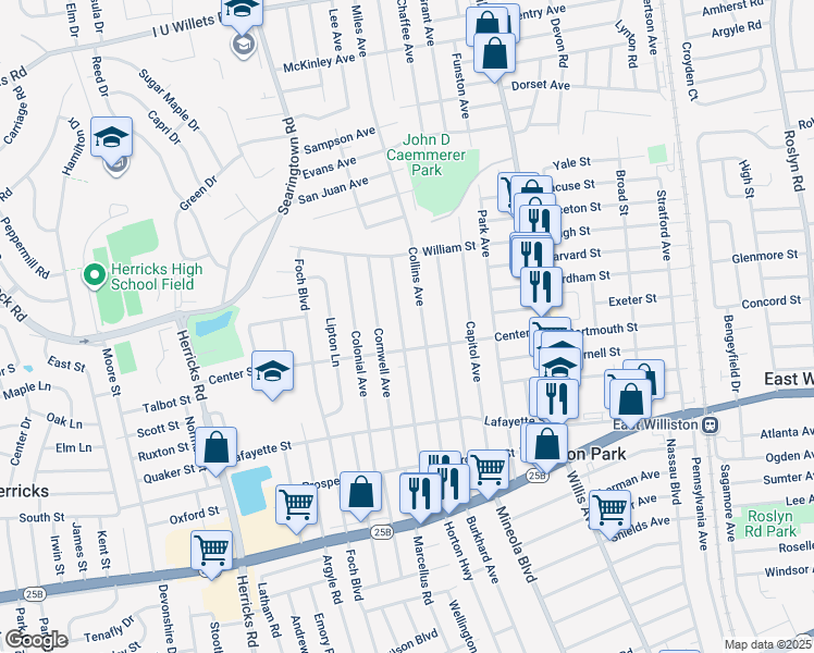 map of restaurants, bars, coffee shops, grocery stores, and more near 223 Cushing Avenue in Williston Park