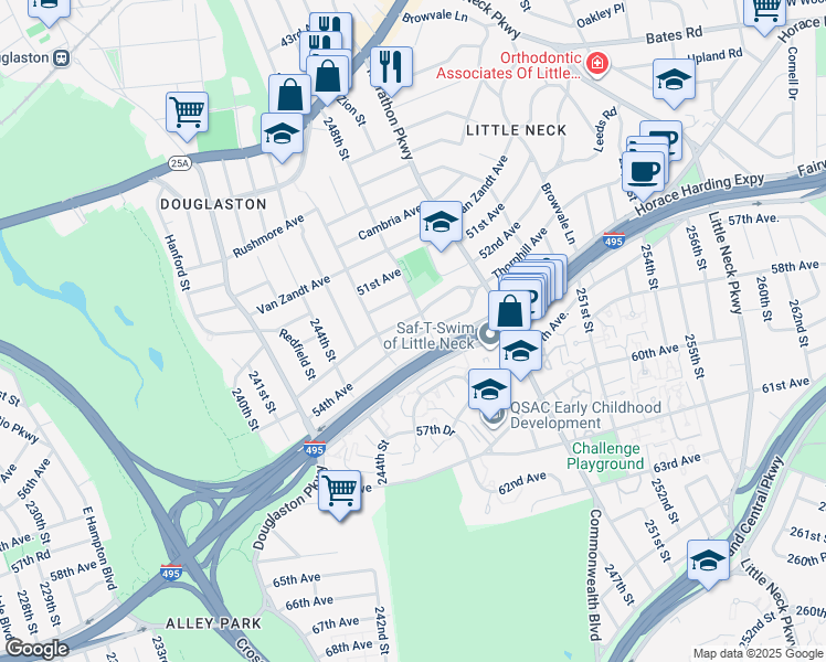 map of restaurants, bars, coffee shops, grocery stores, and more near 52-16 248th Street in Queens