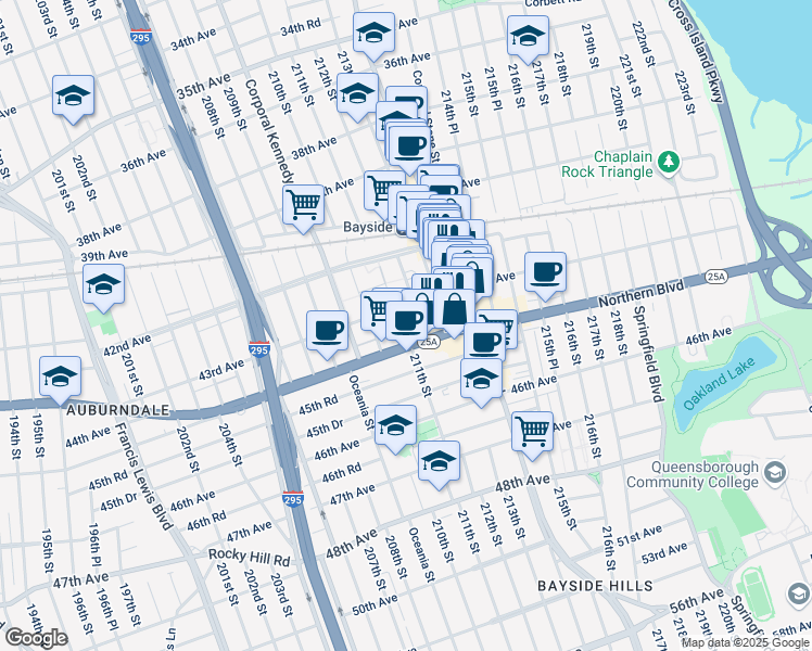 map of restaurants, bars, coffee shops, grocery stores, and more near 212-02 43rd Avenue in Queens