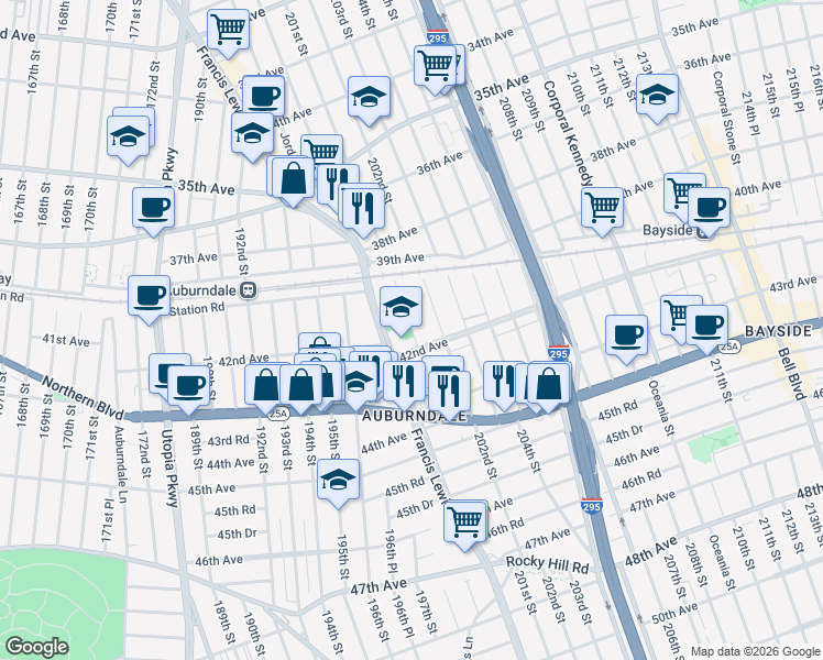 map of restaurants, bars, coffee shops, grocery stores, and more near 40-19 201st Street in Queens
