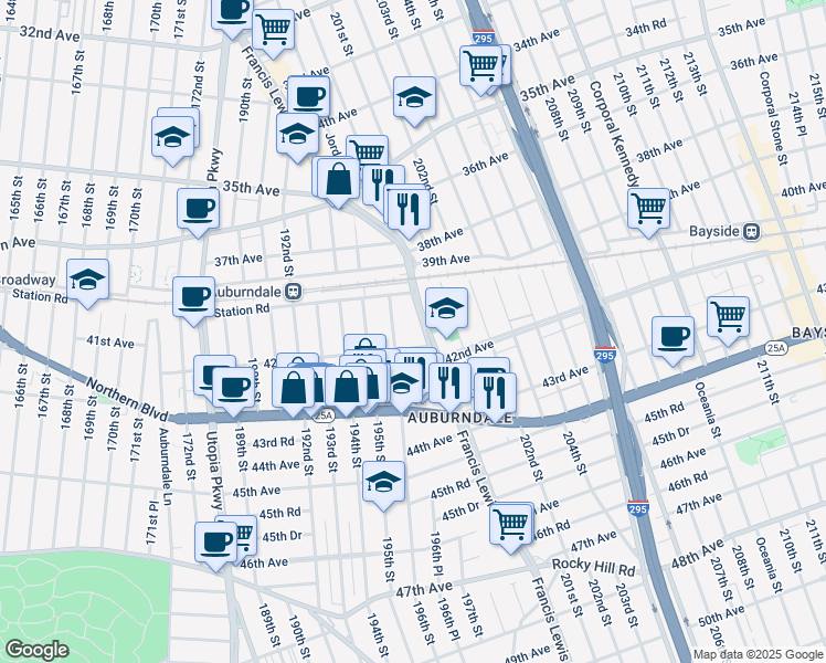 map of restaurants, bars, coffee shops, grocery stores, and more near in Queens