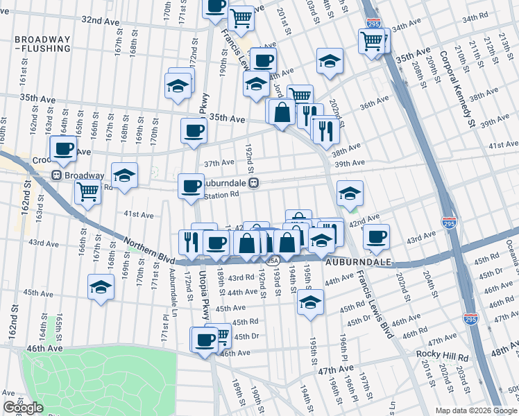 map of restaurants, bars, coffee shops, grocery stores, and more near 192-06 Station Road in Queens