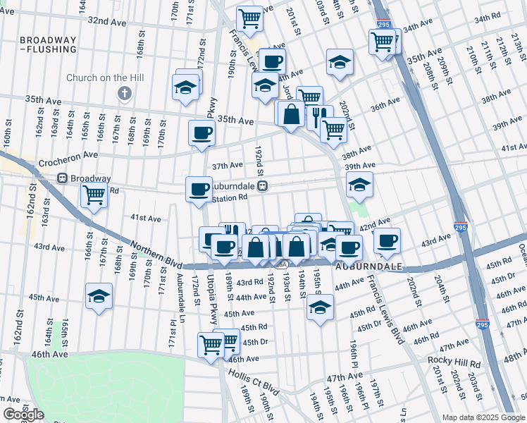 map of restaurants, bars, coffee shops, grocery stores, and more near in Queens