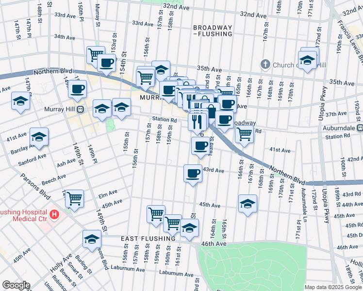 map of restaurants, bars, coffee shops, grocery stores, and more near 41-32 160th Street in Queens