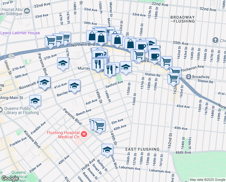 map of restaurants, bars, coffee shops, grocery stores, and more near 149-49 Sanford Avenue in Queens