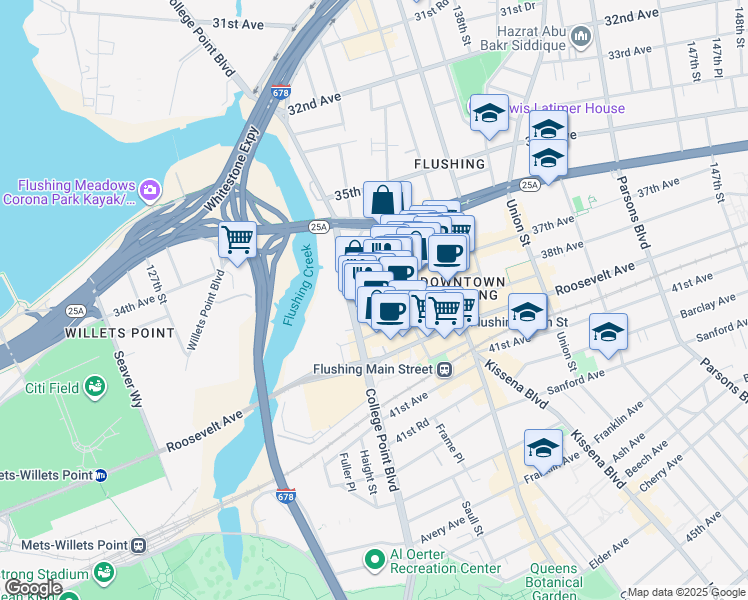 map of restaurants, bars, coffee shops, grocery stores, and more near 133-20 36th Road in Queens