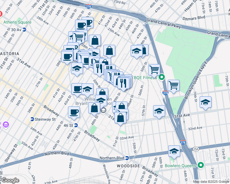map of restaurants, bars, coffee shops, grocery stores, and more near 48-11 30th Avenue in Queens