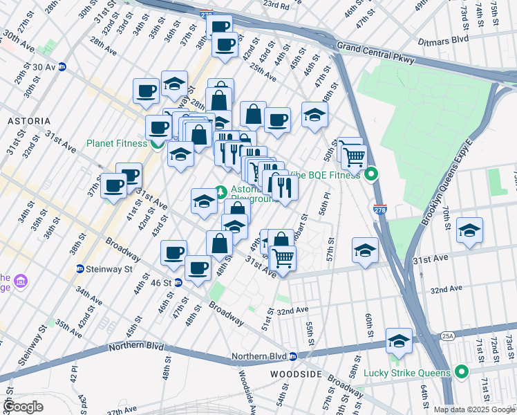 map of restaurants, bars, coffee shops, grocery stores, and more near in Queens