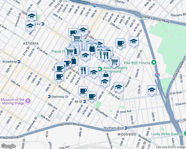 map of restaurants, bars, coffee shops, grocery stores, and more near 30-49 44th Street in Queens