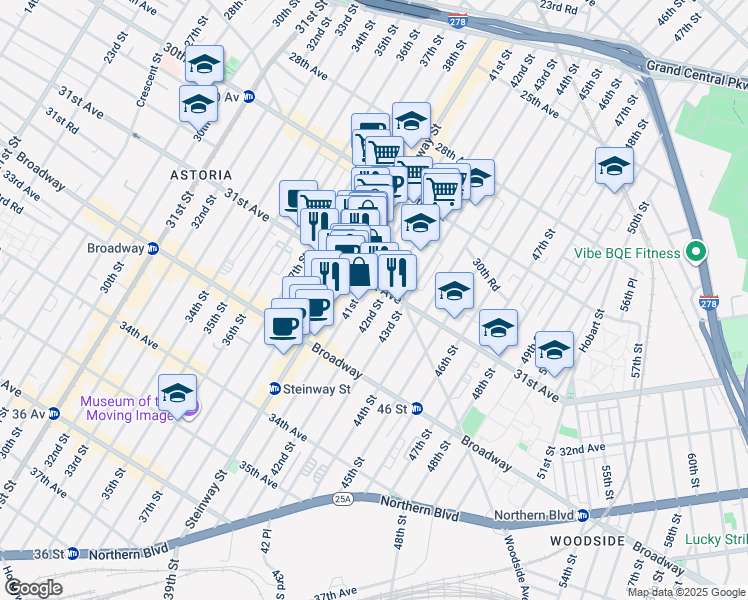map of restaurants, bars, coffee shops, grocery stores, and more near 30-92 42nd Street in Queens