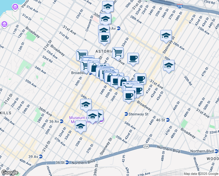 map of restaurants, bars, coffee shops, grocery stores, and more near 3403 Broadway in Queens