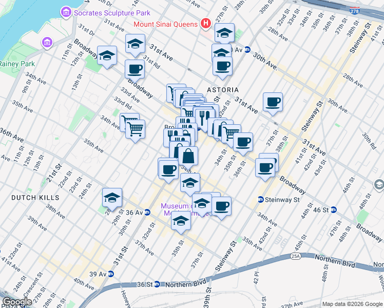 map of restaurants, bars, coffee shops, grocery stores, and more near 32-33 31st Street in Queens