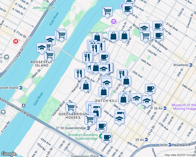 map of restaurants, bars, coffee shops, grocery stores, and more near 36-15 10th Street in Queens