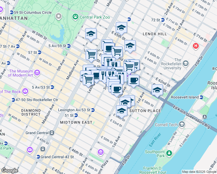 map of restaurants, bars, coffee shops, grocery stores, and more near 969 3rd Avenue in New York