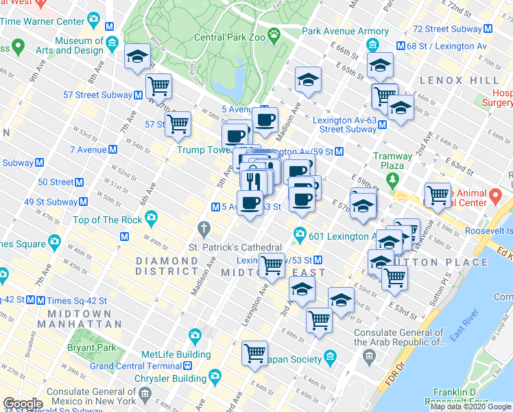 map of restaurants, bars, coffee shops, grocery stores, and more near 57 East 55th Street in New York