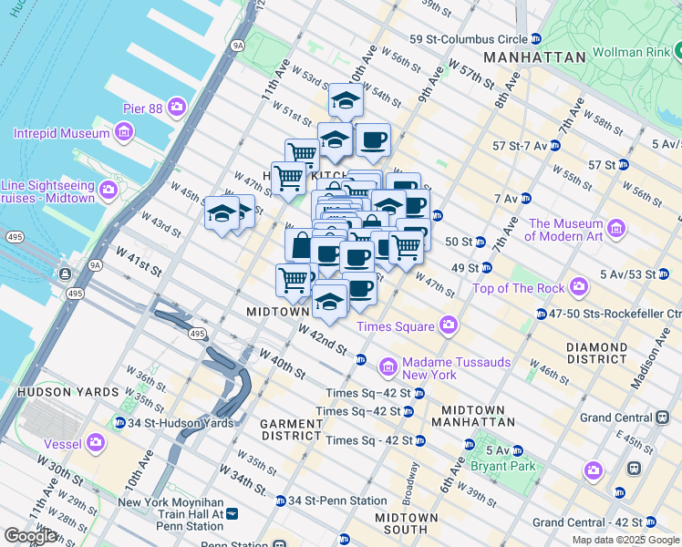 map of restaurants, bars, coffee shops, grocery stores, and more near 357 West 45th Street in New York