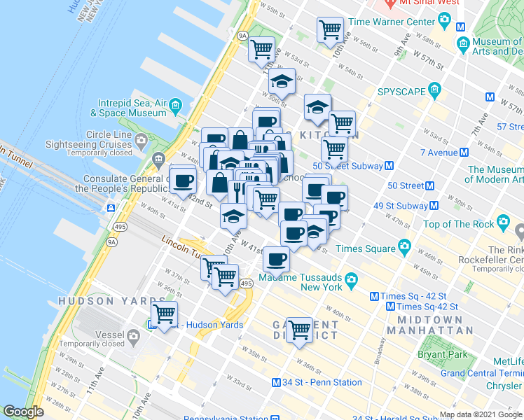 map of restaurants, bars, coffee shops, grocery stores, and more near 500 West 43rd Street in New York