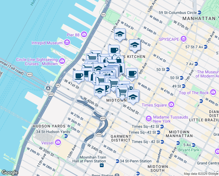 map of restaurants, bars, coffee shops, grocery stores, and more near 500 West 43rd Street in New York