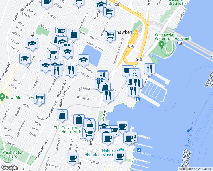 map of restaurants, bars, coffee shops, grocery stores, and more near 53 Hackensack Avenue in Weehawken