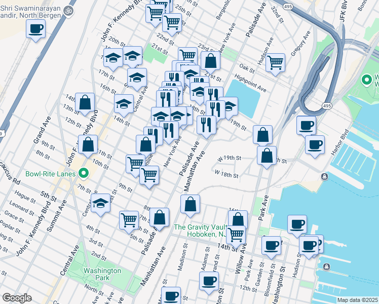 map of restaurants, bars, coffee shops, grocery stores, and more near 308 15th Street in Union City