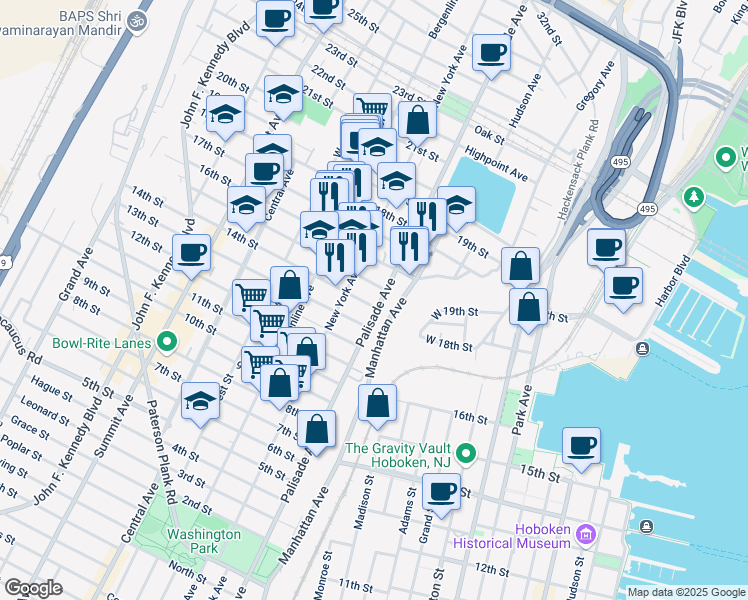 map of restaurants, bars, coffee shops, grocery stores, and more near 308 15th Street in Union City