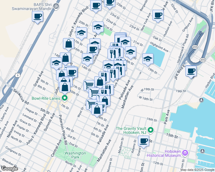 map of restaurants, bars, coffee shops, grocery stores, and more near 1317 Bergenline Avenue in Union City