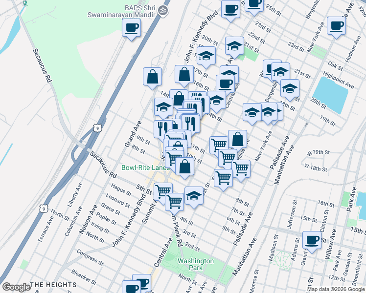 map of restaurants, bars, coffee shops, grocery stores, and more near 1107 Summit Avenue in Union City