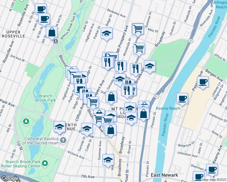 map of restaurants, bars, coffee shops, grocery stores, and more near 278 1/2 Garside Street in Newark