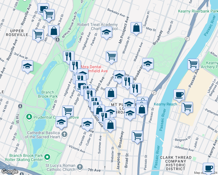 map of restaurants, bars, coffee shops, grocery stores, and more near 278 1/2 Garside Street in Newark