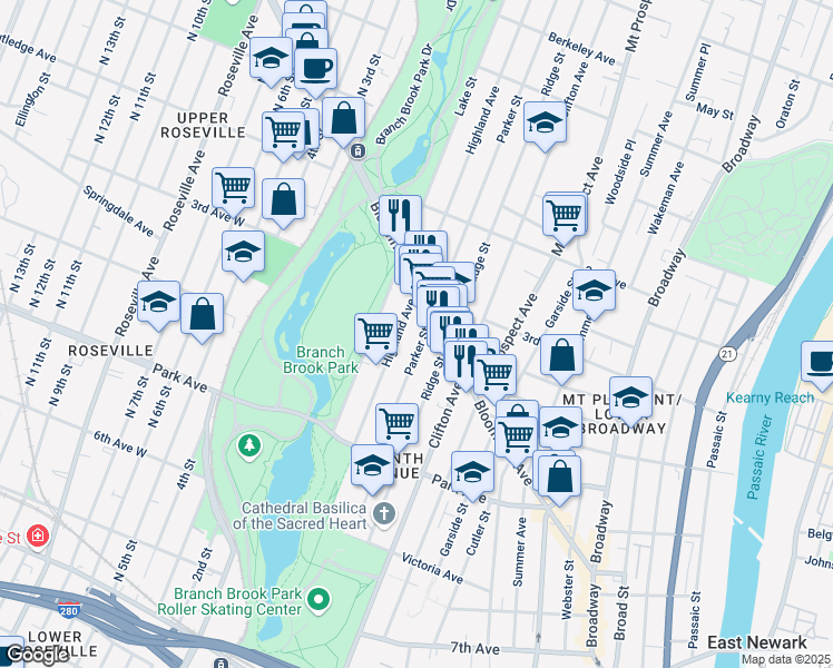 map of restaurants, bars, coffee shops, grocery stores, and more near 136 Highland Avenue in Newark