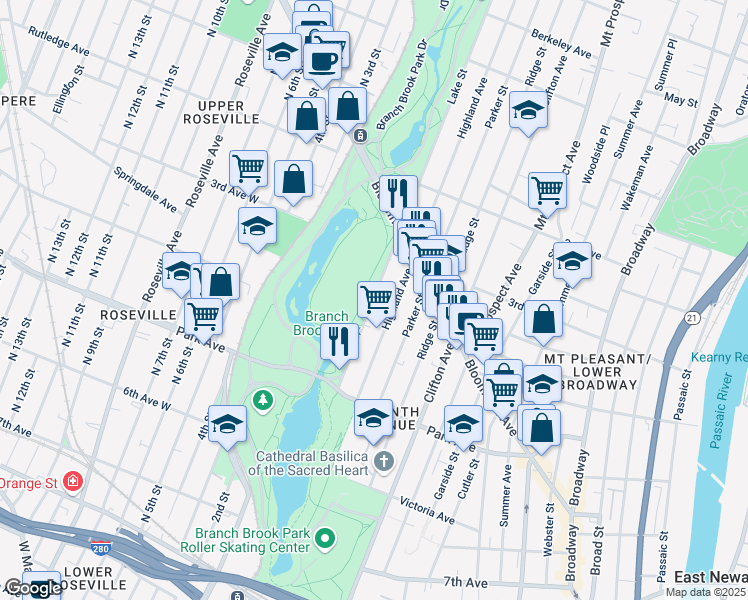 map of restaurants, bars, coffee shops, grocery stores, and more near 297 Lake Street in Newark
