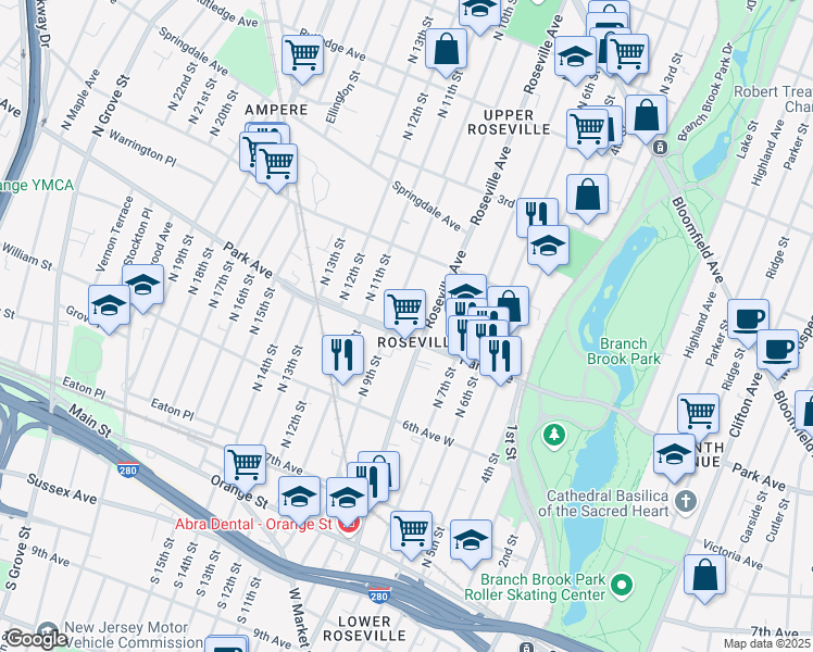 map of restaurants, bars, coffee shops, grocery stores, and more near 147 North 9th Street in Newark