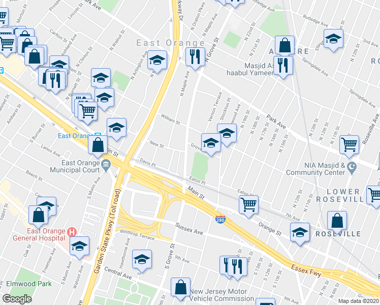 map of restaurants, bars, coffee shops, grocery stores, and more near 132 County Road 509 in East Orange