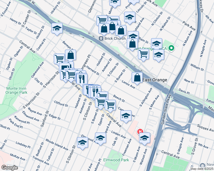 map of restaurants, bars, coffee shops, grocery stores, and more near 5 Harvard Street in East Orange