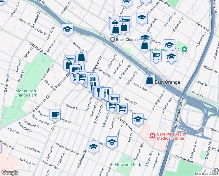 map of restaurants, bars, coffee shops, grocery stores, and more near 111 Amherst Street in East Orange