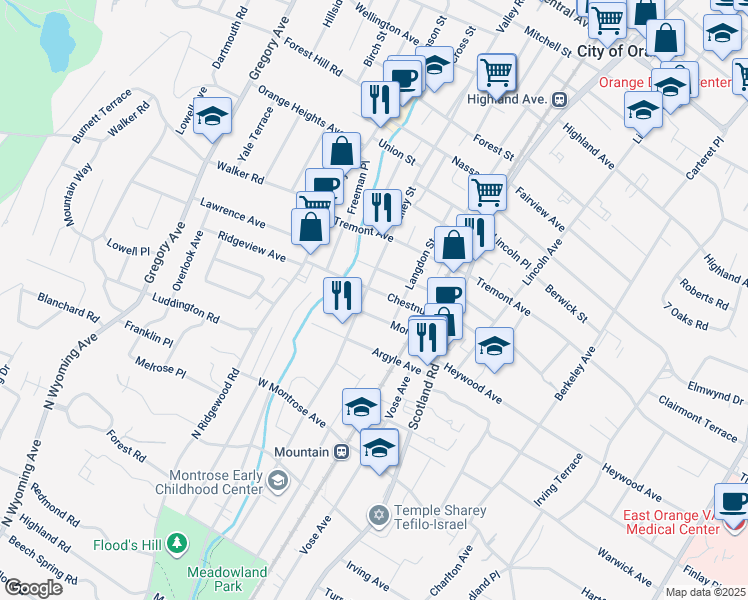 map of restaurants, bars, coffee shops, grocery stores, and more near 662 Valley Street in City of Orange