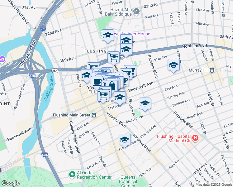 map of restaurants, bars, coffee shops, grocery stores, and more near 136-65 Roosevelt Avenue in Queens