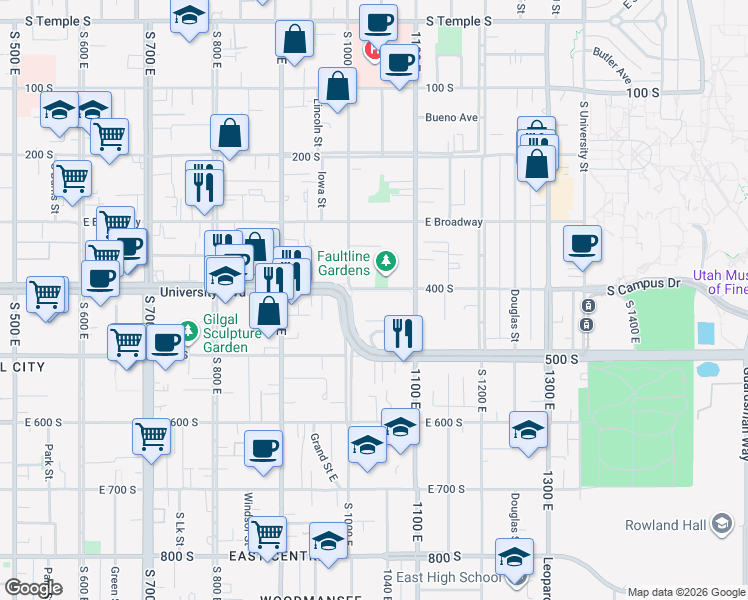 map of restaurants, bars, coffee shops, grocery stores, and more near 1032 East 400 South in Salt Lake City