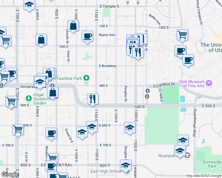 map of restaurants, bars, coffee shops, grocery stores, and more near 1145 East 400 South in Salt Lake City