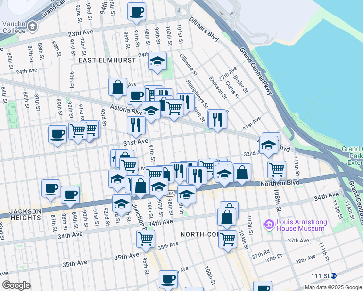 map of restaurants, bars, coffee shops, grocery stores, and more near 100-02 31st Avenue in Queens