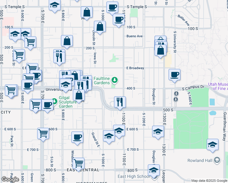 map of restaurants, bars, coffee shops, grocery stores, and more near 1044 East 400 South in Salt Lake City