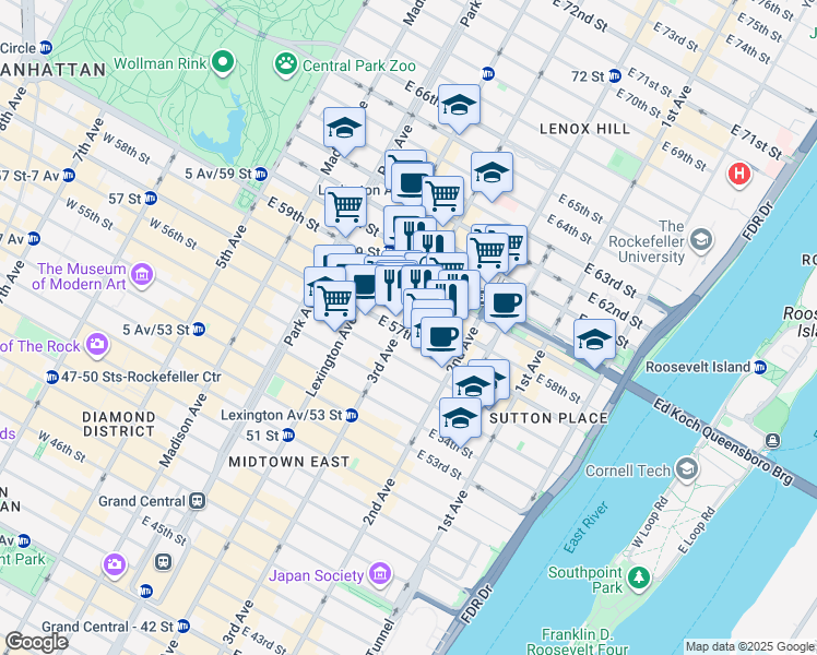 map of restaurants, bars, coffee shops, grocery stores, and more near 953 3rd Avenue in New York