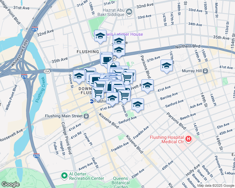 map of restaurants, bars, coffee shops, grocery stores, and more near 136-98 Roosevelt Avenue in Queens