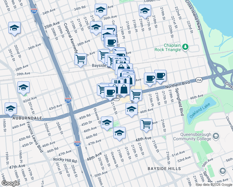 map of restaurants, bars, coffee shops, grocery stores, and more near 212-02 43rd Avenue in Queens