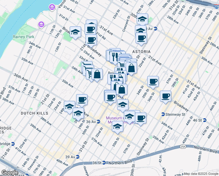 map of restaurants, bars, coffee shops, grocery stores, and more near 32-86 30th Street in Queens