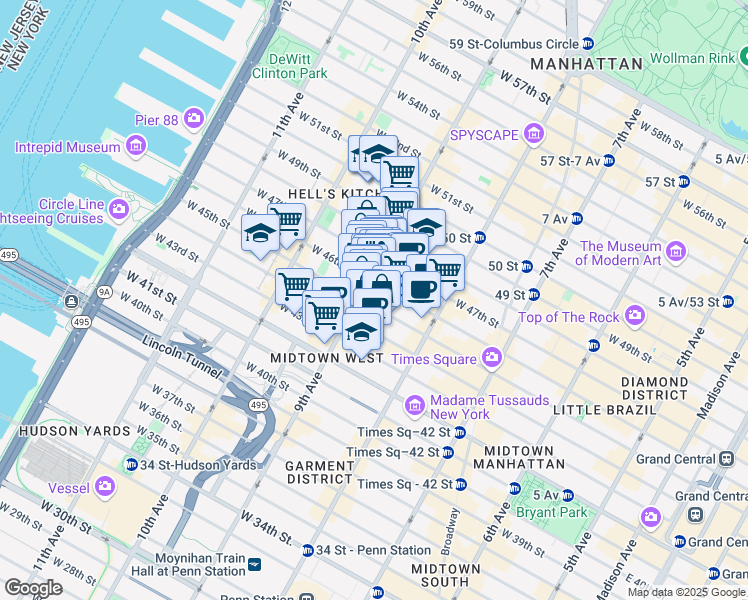 map of restaurants, bars, coffee shops, grocery stores, and more near 357 West 45th Street in New York