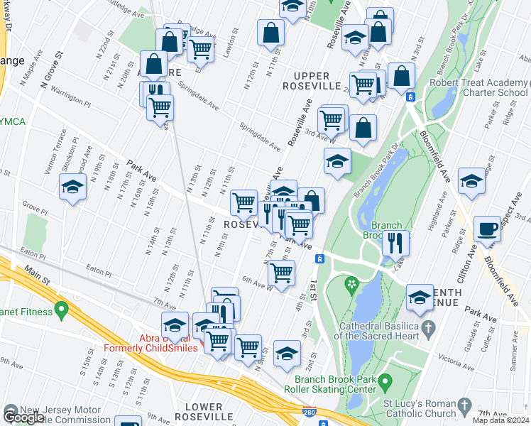 map of restaurants, bars, coffee shops, grocery stores, and more near 279 Roseville Avenue in Newark