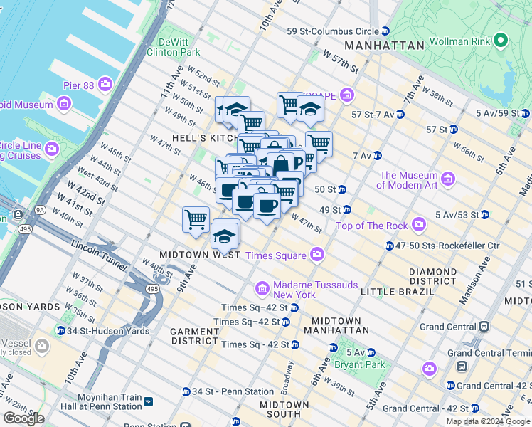 map of restaurants, bars, coffee shops, grocery stores, and more near 343 West 47th Street in New York