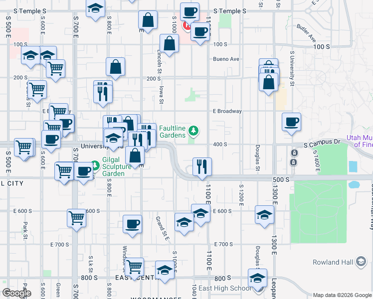 map of restaurants, bars, coffee shops, grocery stores, and more near 1032 East 400 South in Salt Lake City