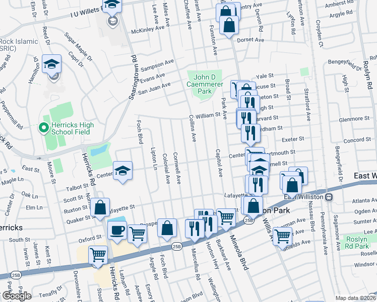 map of restaurants, bars, coffee shops, grocery stores, and more near 223 Cushing Avenue in Williston Park